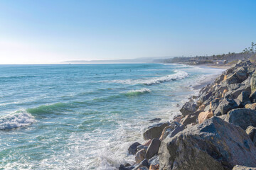 Waves on a blue oceanfront in San Clemente, California