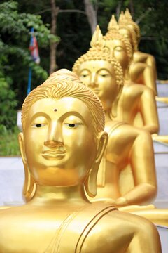 5 golden Buddha images arranged in steps