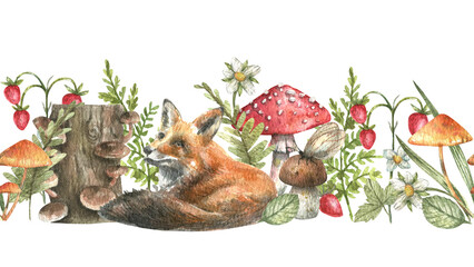 Forest seamless horizontal border with hand drawn watercolor mushrooms, branches, foxes, herbs, leaves, berries on a white background. Endless, watercolor floral illustration for banners, wallpapers