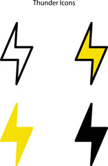 Vector electric lightning bolt icons with different style isolated on white background for electric power symbol, poster, t shirt. Thunder icon. Storm pictogram.