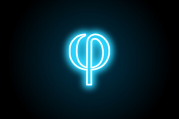 Greek alphabet phi glowing neon symbol sign on black background 