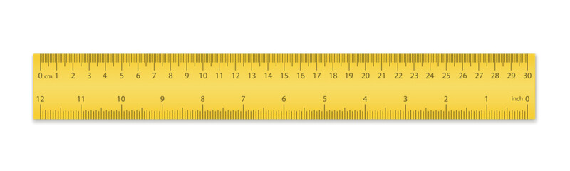 Mockup plastic yellow measuring ruler..  Measuring tool with ruler scale. School measuring equipment.