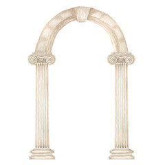 Watercolor antique arch with column ionic order, Ancient Classic Greek pillar, Roman Columns, Architecture facade elements Realistic drawing illustration isolated on white background
