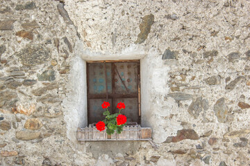 Old building with red flowers in windows