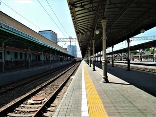 Fototapeta na wymiar Railway station. Railway. Platform. Trains . Rails. Tourism. Journeys.