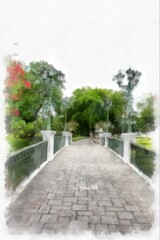 landscape of ancient european architecture in the park watercolor style illustration impressionist painting.