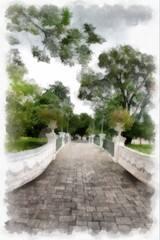 landscape of ancient european architecture in the park watercolor style illustration impressionist painting.