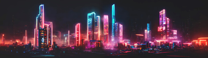 Neon night city of the future. Night panorama of the city, neon light, lights of a large metropolis, high-rise buildings. 3D illustration - obrazy, fototapety, plakaty