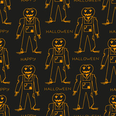 A Halloween set with a scary man with a pumpkin head and a jumpsuit with inscription Happy Halloween. Halloween background. Halloween concept. Jack lantern.