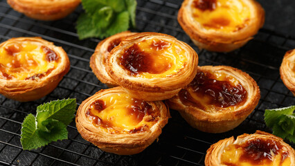 Traditional Portuguese custard tarts or Pastel de Nata freshly baked and cooling on rack - obrazy, fototapety, plakaty