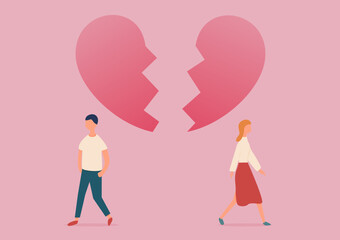 a couple walk away due to breakup under a heart is breaking, end of relationship concept illustration - obrazy, fototapety, plakaty