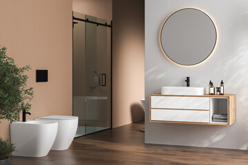Stylish bathroom interior with white and beige walls, white basin with oval mirror, bathtub, shower, plants and dark parquet floor.Minimalist cozy bathroom with modern furniture. 3D rendering
