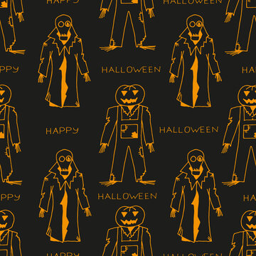 A Halloween set with a scary radiation man in a gas mask and a torn raincoat and a man with a pumpkin head and a jumpsuit with inscription Happy Halloween. Halloween background. Halloween concept.