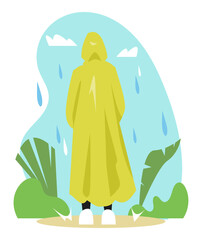 illustration of people wearing raincoats. back view. rain. outdoor background, grass, leaves. suitable for rainy season theme, weather, clothes, etc. flat vector