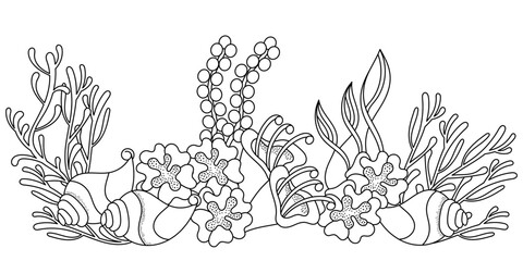 Underwater coloring page. Vector border . Doodle of the sea world . Monochrome. Aquariums. Hand drawn illustration