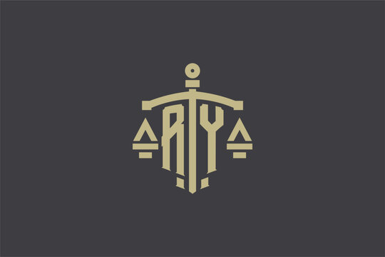Letter RY logo for law office and attorney with creative scale and sword icon design