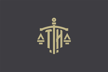 Letter TH logo for law office and attorney with creative scale and sword icon design - obrazy, fototapety, plakaty