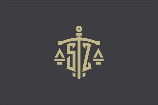 Letter SZ logo for law office and attorney with creative scale and sword icon design