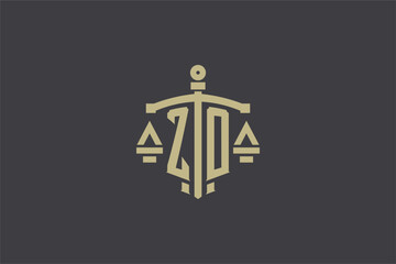 Letter ZO logo for law office and attorney with creative scale and sword icon design - obrazy, fototapety, plakaty