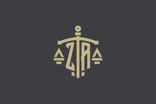 Letter ZR logo for law office and attorney with creative scale and sword icon design