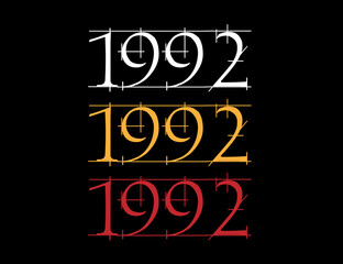 Scratched font year 1992. Numeral in white, orange and red on black background.