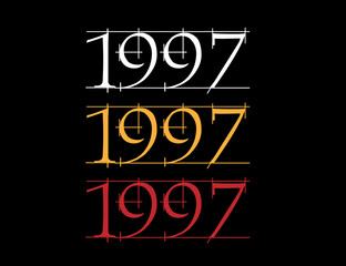 Scratched font year 1997. Numeral in white, orange and red on black background.
