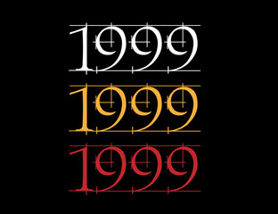 Scratched font year 1999. Numeral in white, orange and red on black background.