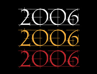 Scratched font year 2006. Numeral in white, orange and red on black background.