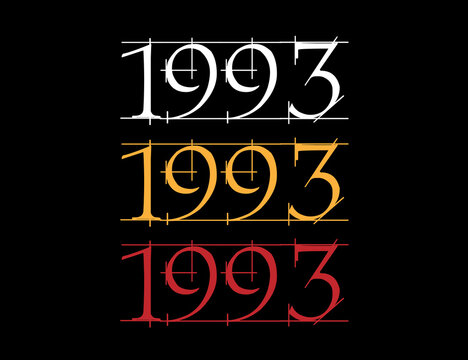 Scratched font year 1993. Numeral in white, orange and red on black background.
