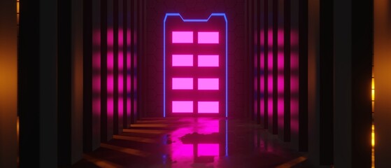 abstract backgound video game of esports scifi gaming cyberpunk, vr virtual reality simulation and metaverse, scene stand pedestal stage, 3d illustration rendering, futuristic neon glow room