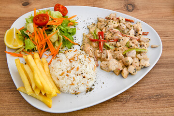 Traditional delicious Turkish food; Turkish style rice pilaf (Turkish name; Arpa sehriyeli. tavuklu, kuru fasulyeli, kavurmali pirinc pilavi)