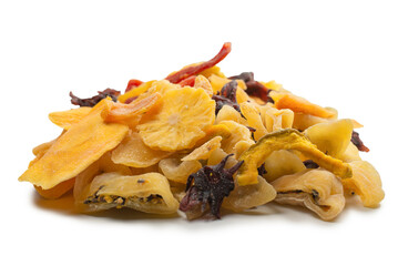 Mix of dried exotic fruit, mangos,slices of pineapples, passion fruit, papaya.