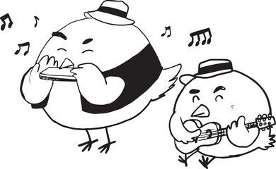 Fototapeta premium Two cartoon birds happily playing music together