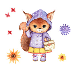 Cute little squirrel illustration. Watercolor hand drawn clipart isolated on white background. Cartoon animal character, fall kids design for poster, print, postcard