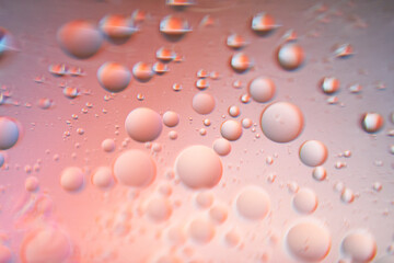 Macro view of mixed oil and water. Abstract model of the atom of a molecule. Universe cosmic...