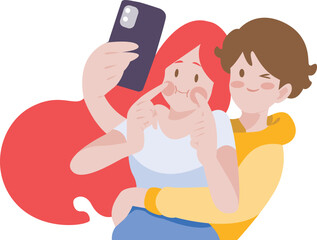 Couple taking selfie with cute action phone