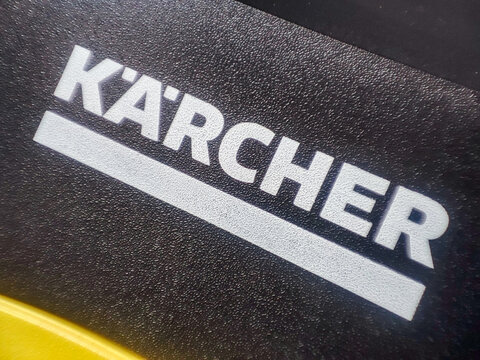Closeup Karcher brand logo. Karcher sign.