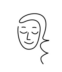 girl face - thin line vector logo. beauty salon icon isolate. beautiful hairstyle, look down. head woman