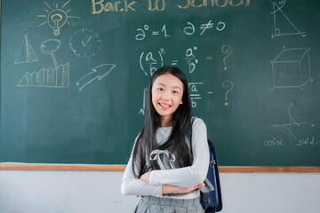 Smiling asian girl student standing front blackboard in classroom school, Education learning study smart, Back to school concept.