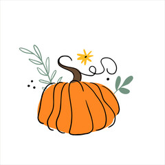 A cute one orange pumpkin with decorative elements. Vector graphic for poster, postcard, t shirt design. Hand drawn outline illustration in doodle style. Autumn food, Halloween celebration
