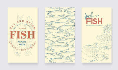 A set of vertical flyers for advertising a fish shop or seafood market. Fresh fish illustrations. Seafood labels for groceries, fisheries, fish store.