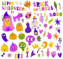 Set of cute, colorful, vector elements for Halloween with a lot of designs, cat, witch, pumpkin, ghosts, star, trendy colors