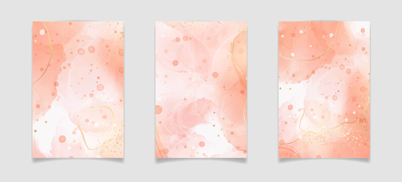 Rose peach liquid watercolor background with golden dots. Dusty blush marble alcohol ink drawing effect. Vector illustration design template for wedding invitation, menu, rsvp