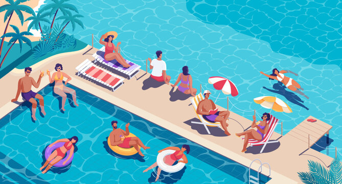 Crowd of people relaxing on summer resort beach, swimming in pool, taking sunbeds and having fun. Colorful isometric illustration