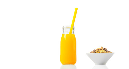 healthy breakfast homemade granola or cereals with fresh orange juice in a glass bottle isolated...
