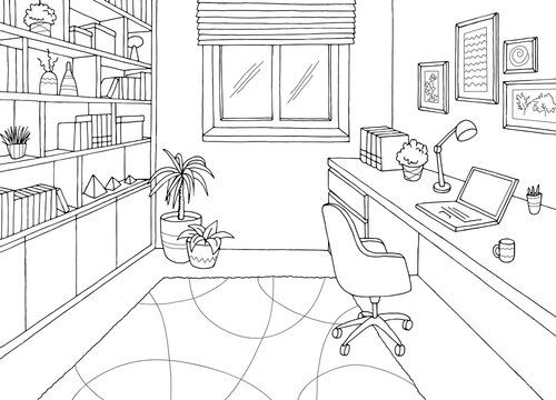 Home office graphic black white interior sketch illustration vector 
