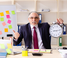 Aged man employee in conflicting priorities concept