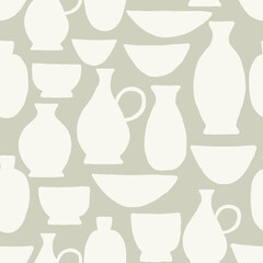 Hand painted seamless pattern with ceramic pottery in white on beige background. - 521794822
