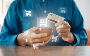 Businessman using smartphone and credit card with a shopping icon. order in online store, shopping on internet, banking and payment online. Business online shopping concept.