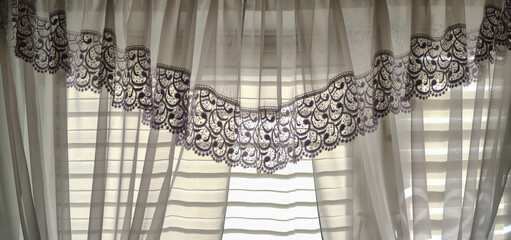 window in the morning in bedroom at home. Indoor luxury textile